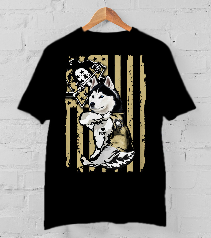 Siberian Husky I Love Mom Pittsburgh Penguins Hockey Star Flag T-Shirt