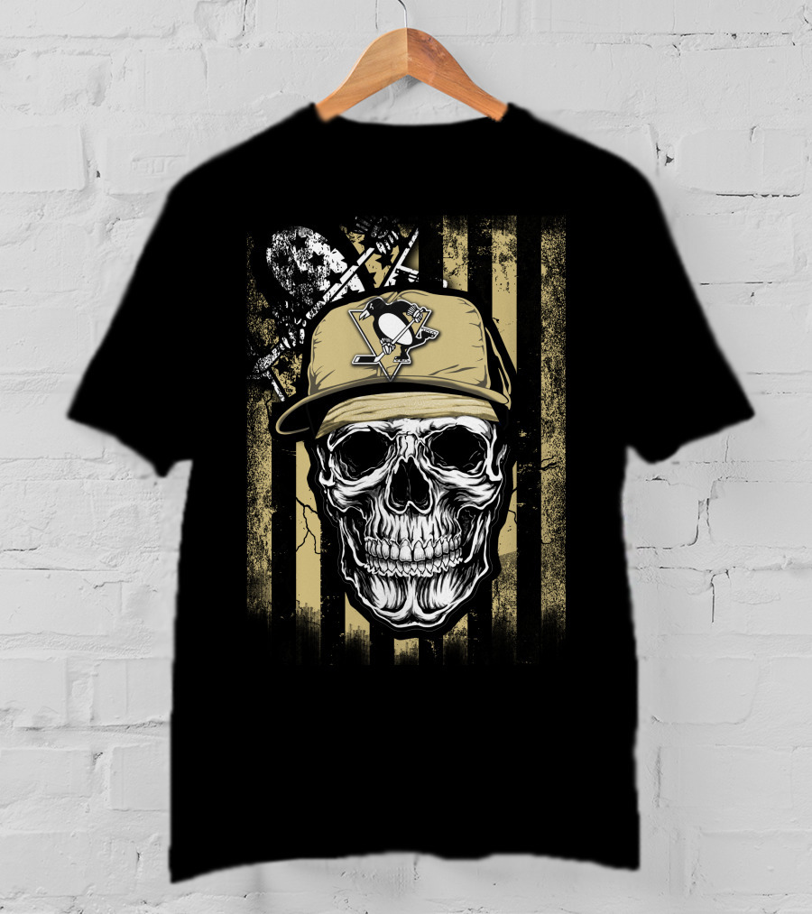 Skull Wearing Pittsburgh Penguins Logo Cap On T-Shirt