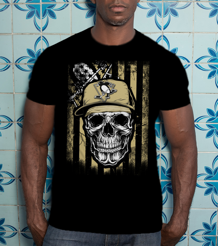 Skull Wearing Pittsburgh Penguins Logo Cap On T-Shirt
