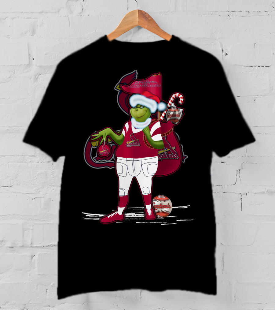 Grinchmas St. Louis Cardinals Christmas Baseball Character With Candy Cane And Baseball Gear T-Shirt