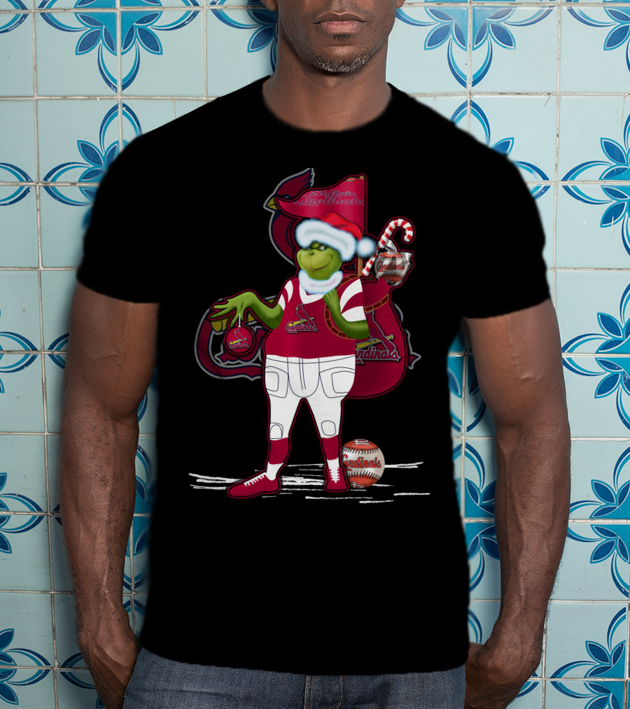 Grinchmas St. Louis Cardinals Christmas Baseball Character With Candy Cane And Baseball Gear T-Shirt