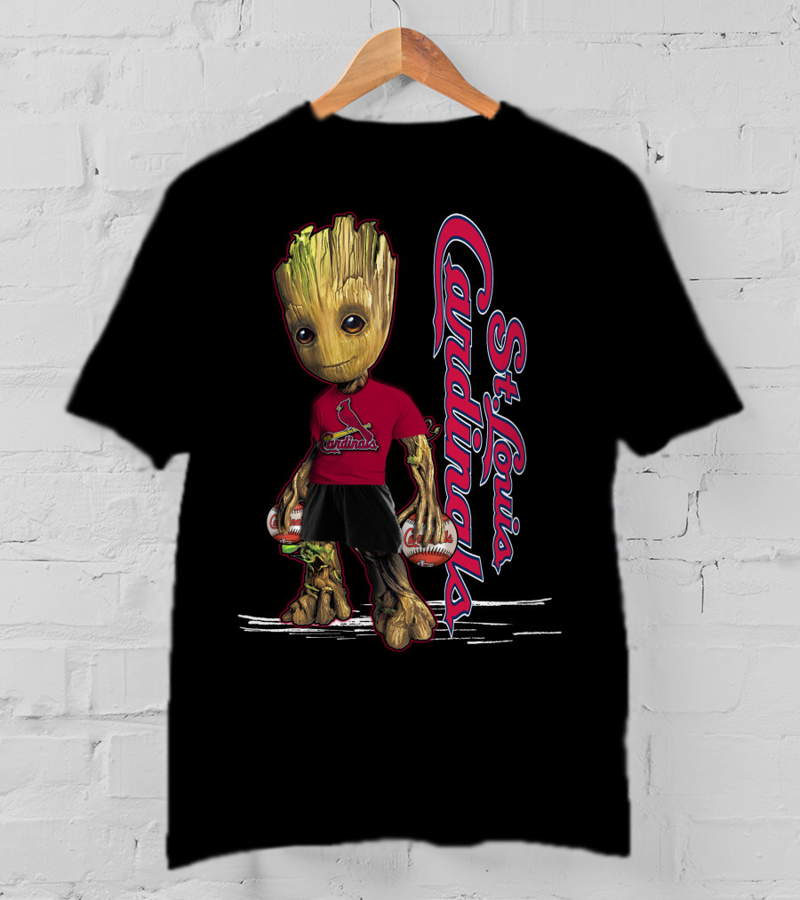 Groot St. Louis Cardinals Baseball Fan Character With Team Logo And Baseballs T-Shirt