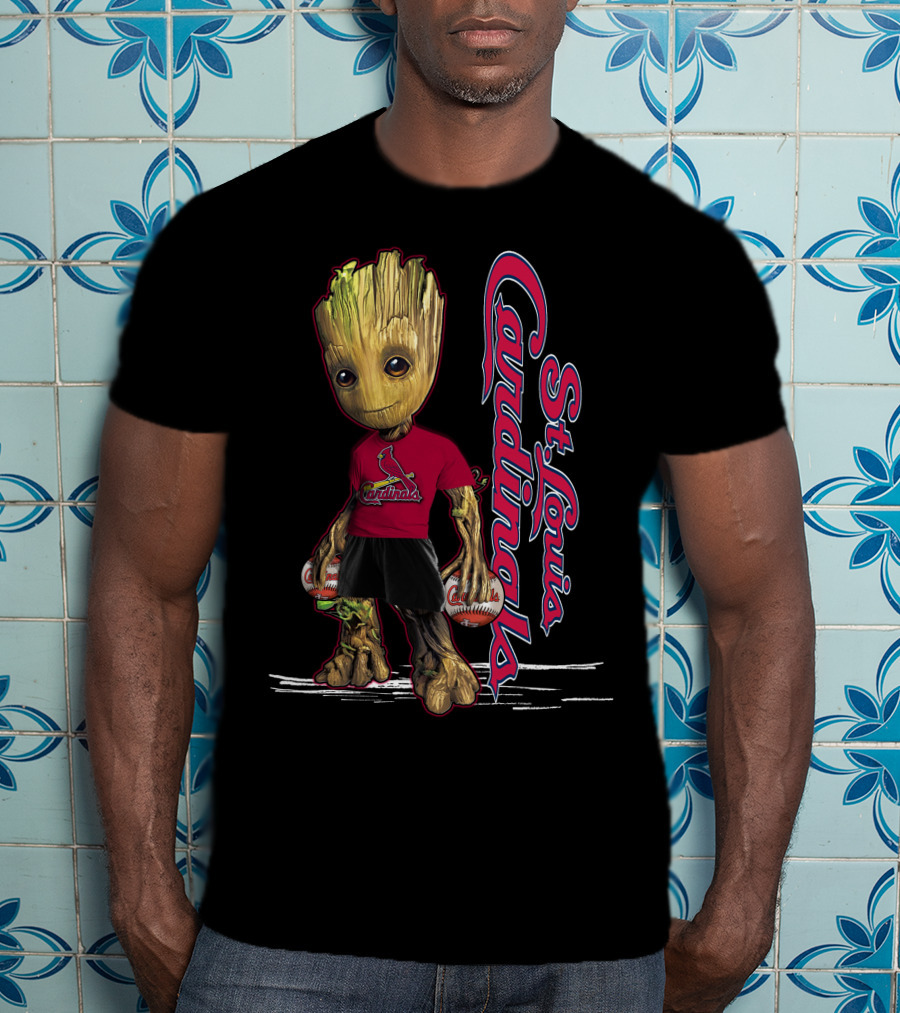 Groot St. Louis Cardinals Baseball Fan Character With Team Logo And Baseballs T-Shirt