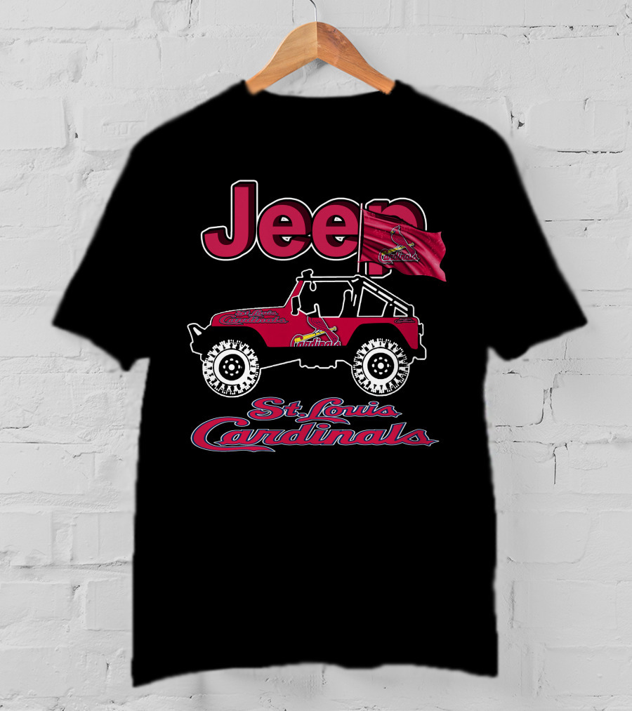 Jeep St. Louis Cardinals Logo With Red Off-Road Vehicle And Flag T-Shirt