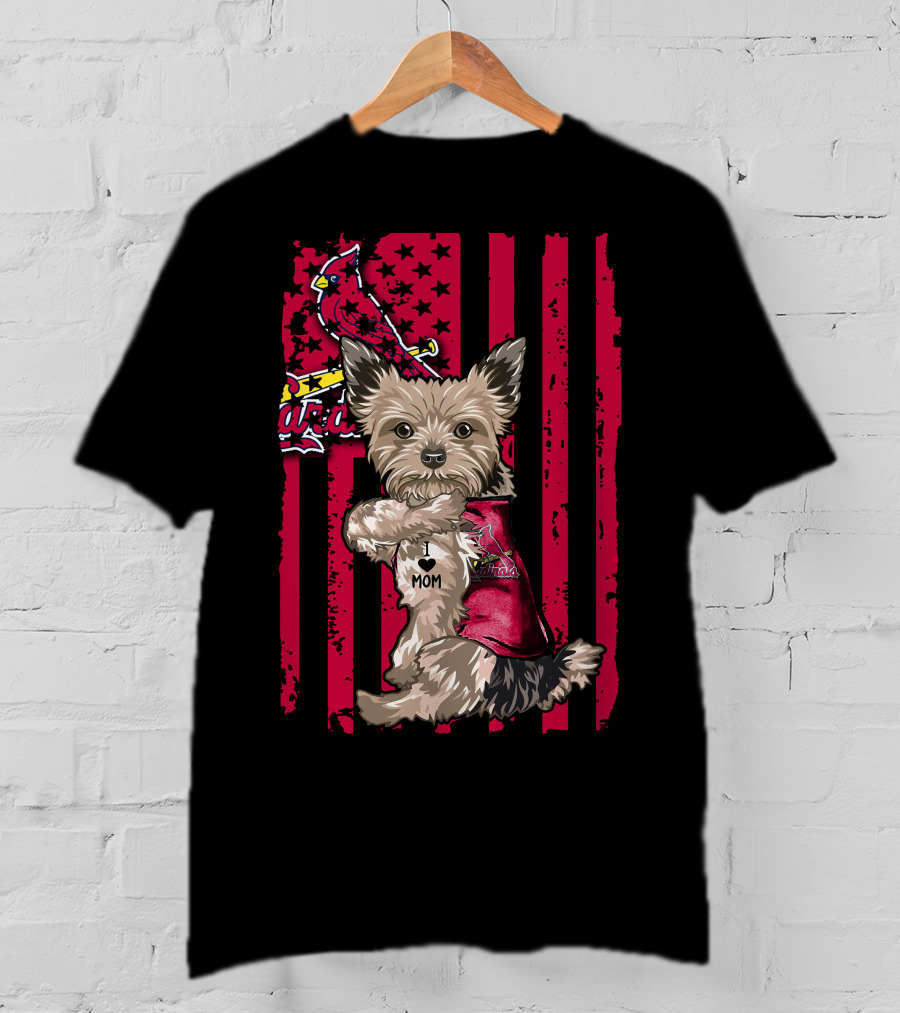 Yorkshire Terrier I Love Mom St. Louis Cardinals Usa Flag Stars Stripes T-Shirt