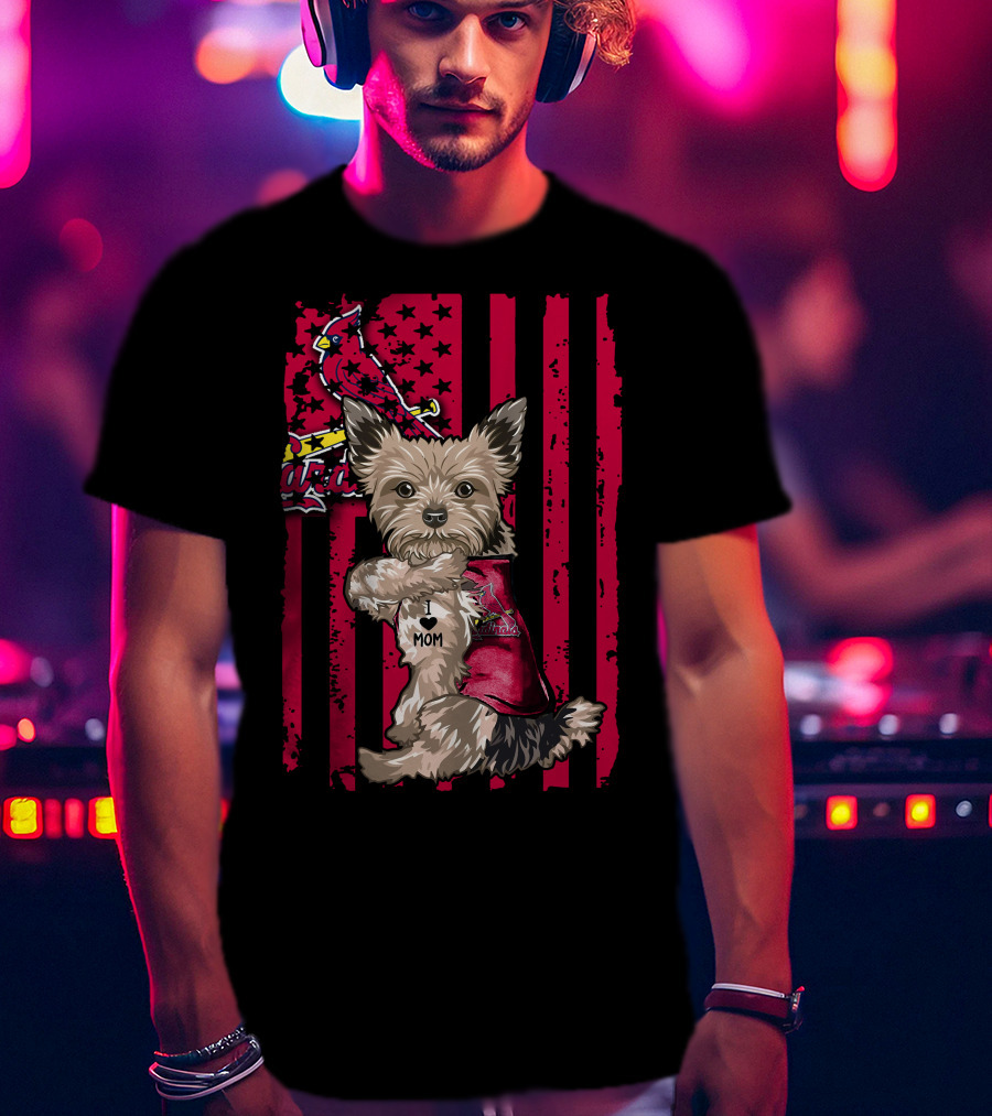 Yorkshire Terrier I Love Mom St. Louis Cardinals Usa Flag Stars Stripes T-Shirt