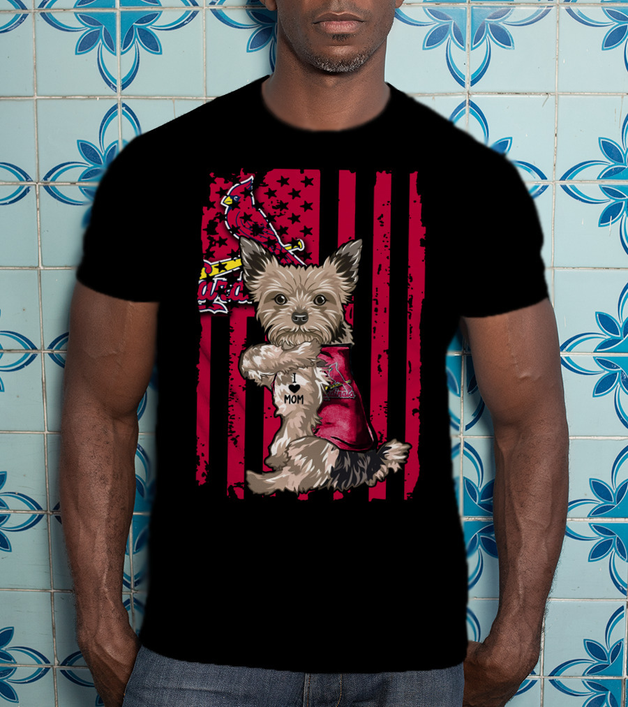 Yorkshire Terrier I Love Mom St. Louis Cardinals Usa Flag Stars Stripes T-Shirt