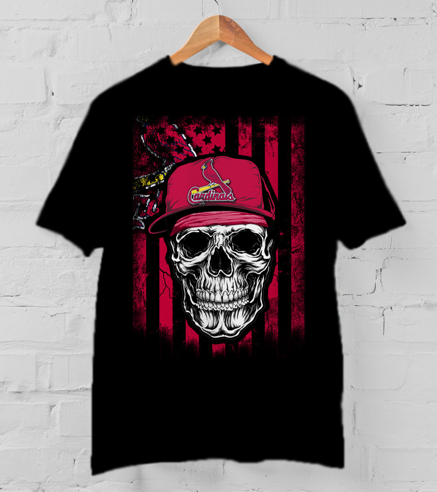 Skull St. Louis Cardinals Hat With American Flag Background T-Shirt