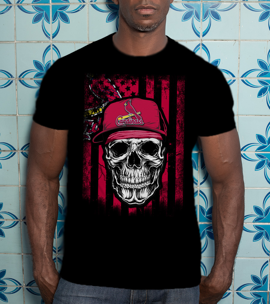 Skull St. Louis Cardinals Hat With American Flag Background T-Shirt