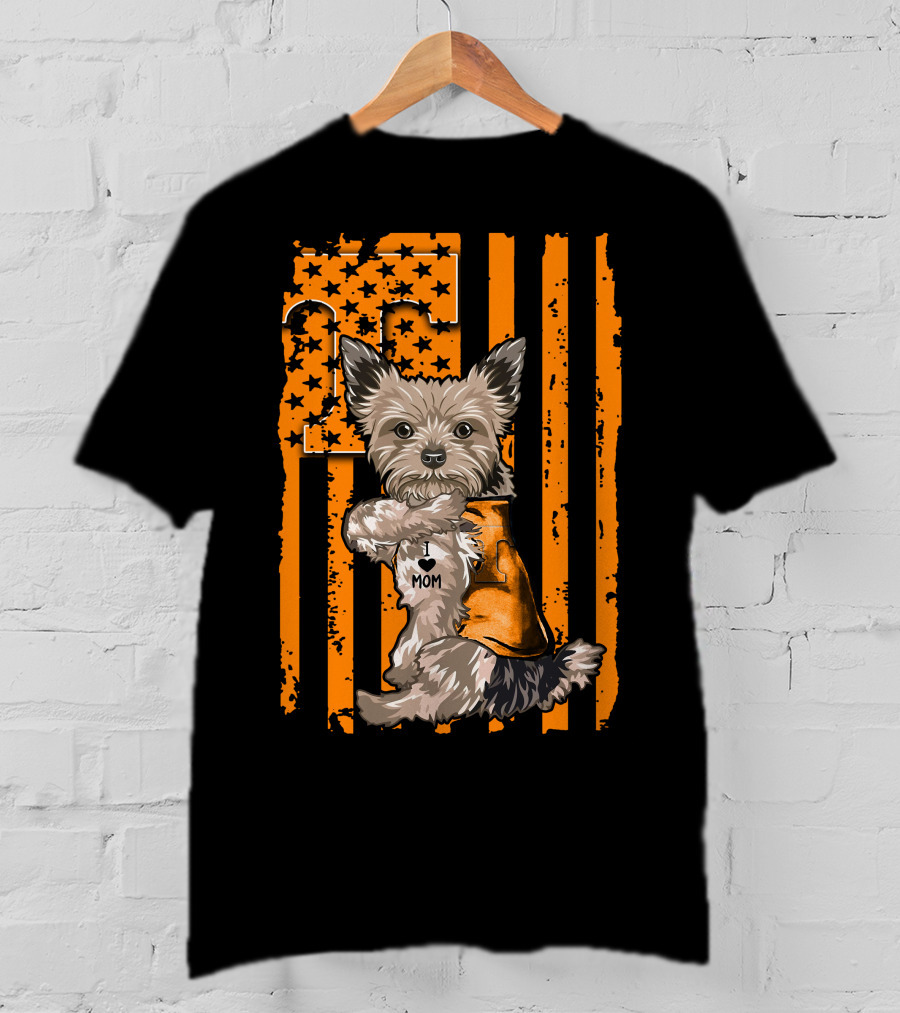 Yorkshire Terrier I Love Mom Tennessee Volunteers Orange Stars And Stripes Football Flag T-Shirt