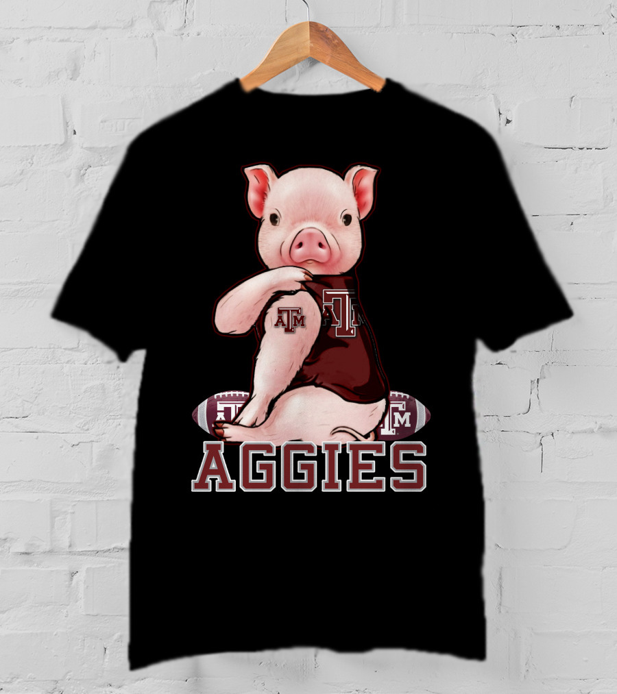 Pig Wearing Texas A&M Aggies Logo Sitting On Aggies Football T-Shirt