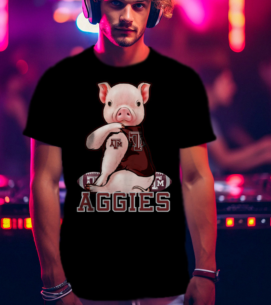 Pig Wearing Texas A&M Aggies Logo Sitting On Aggies Football T-Shirt