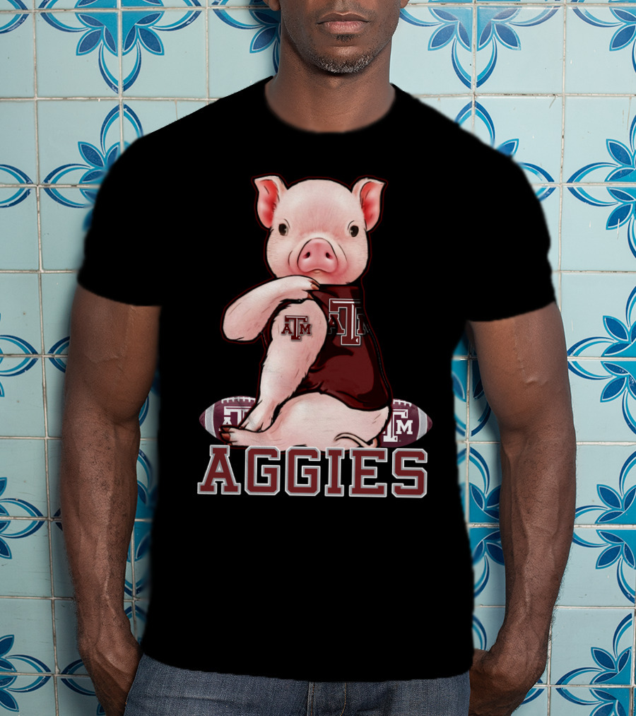 Pig Wearing Texas A&M Aggies Logo Sitting On Aggies Football T-Shirt