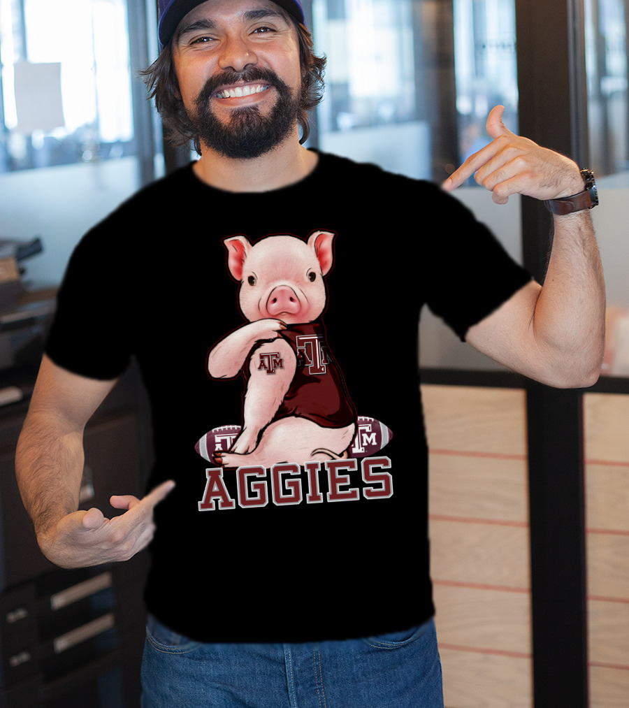 Pig Wearing Texas A&M Aggies Logo Sitting On Aggies Football T-Shirt