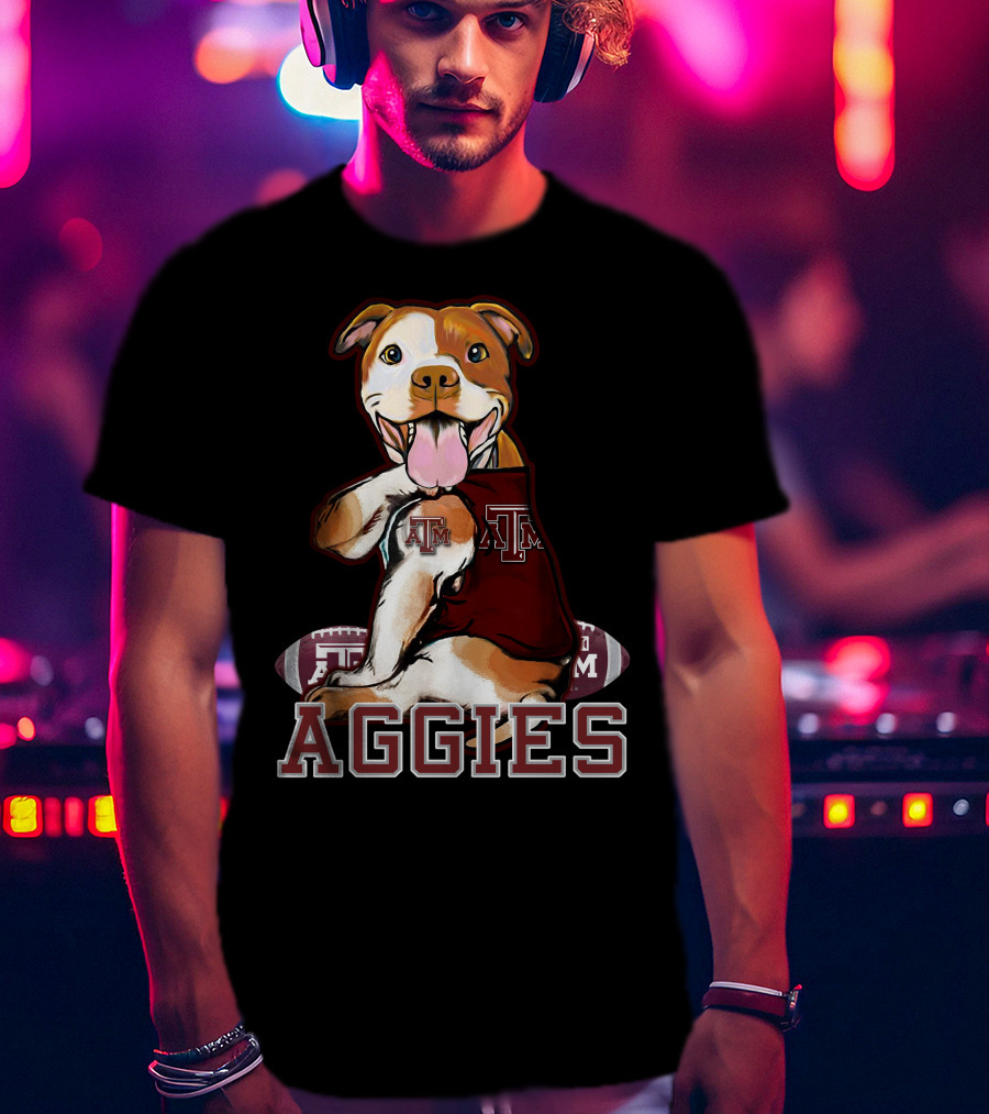 Pitbull Wearing Texas A&M Aggies Logo With Football T-Shirt