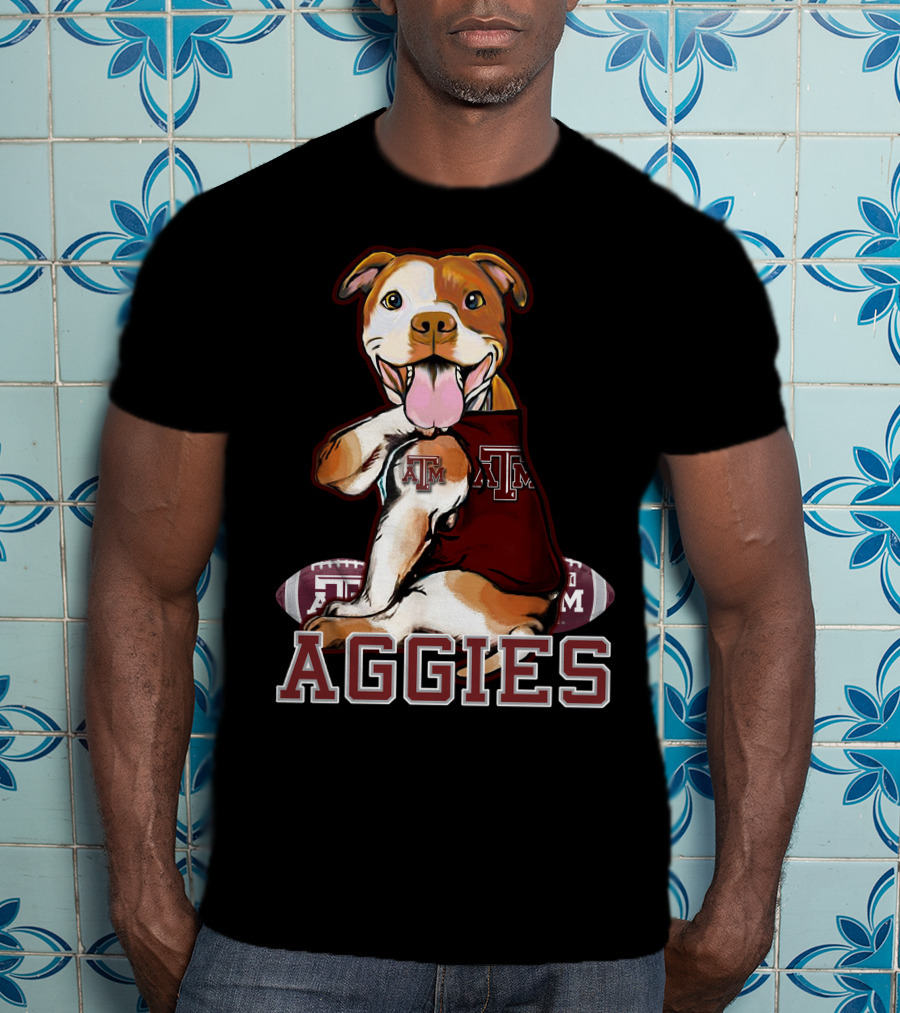 Pitbull Wearing Texas A&M Aggies Logo With Football T-Shirt
