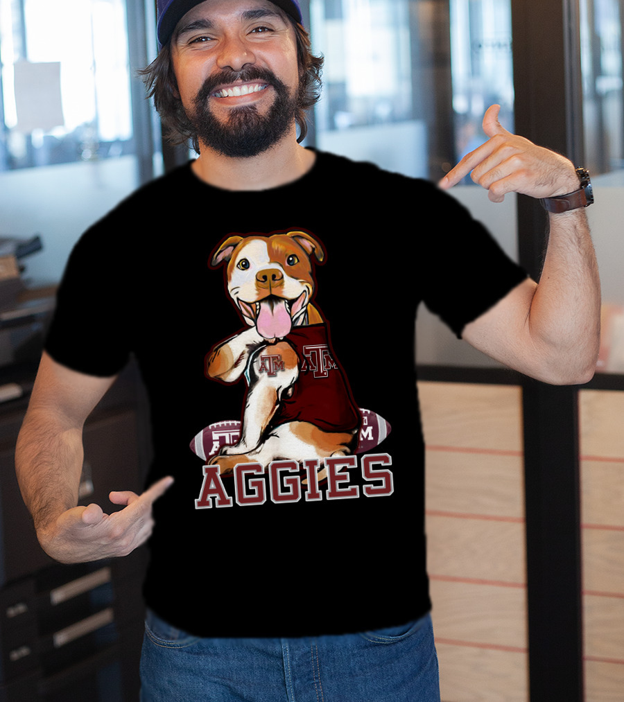 Pitbull Wearing Texas A&M Aggies Logo With Football T-Shirt