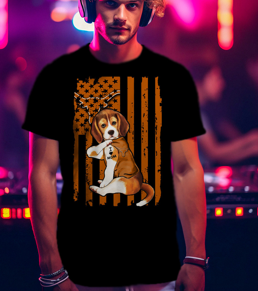 Beagle I Love Mom Texas Longhorns American Flag T-Shirt