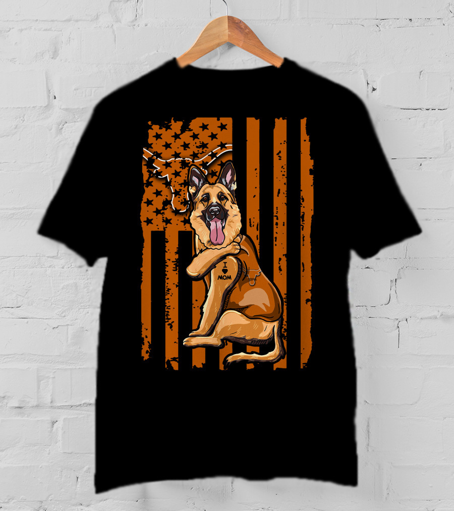 German Shepherd I Love Mom Texas Longhorns American Flag T-Shirt