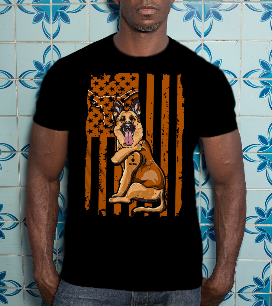 German Shepherd I Love Mom Texas Longhorns American Flag T-Shirt