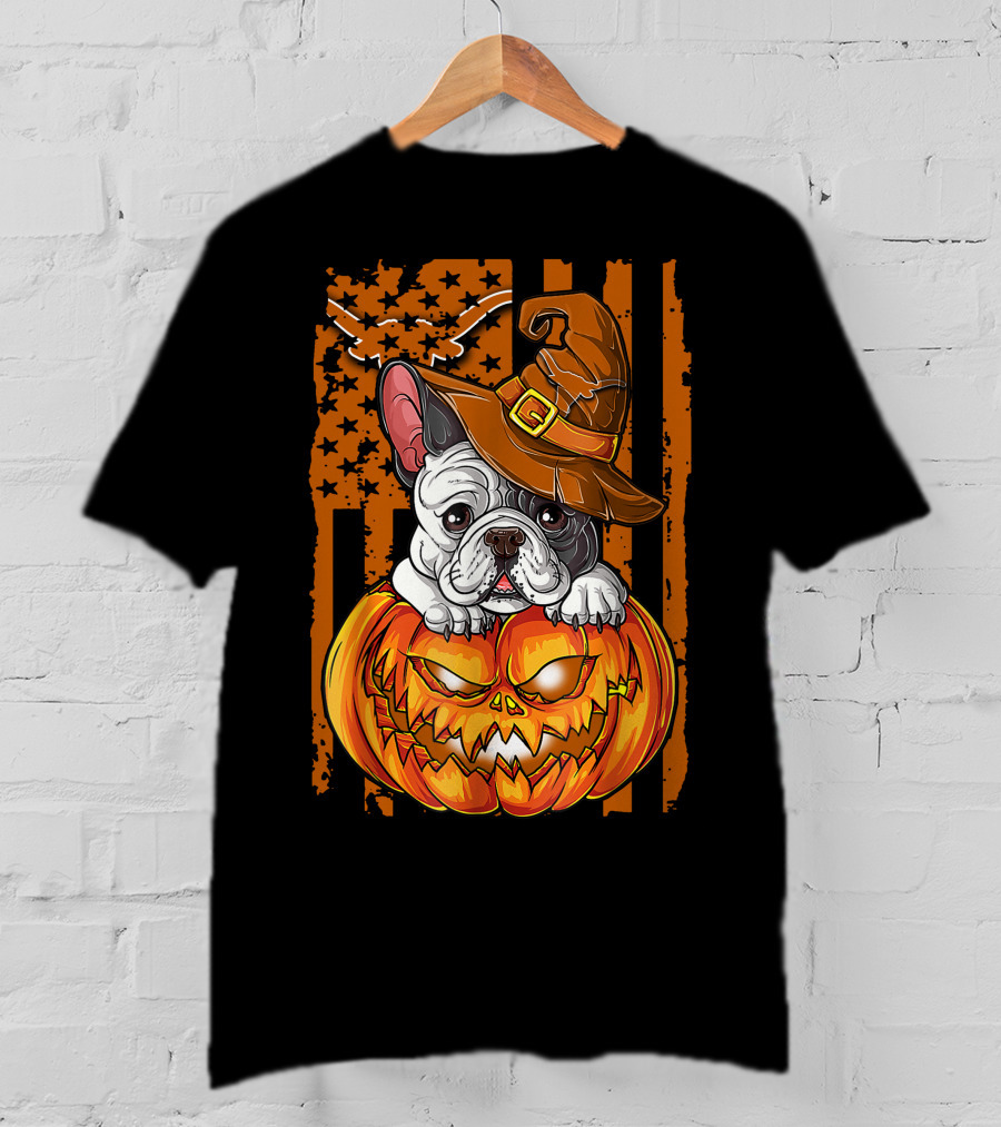 Hlw Bulldog Halloween Pumpkin Wizard Hat Stars Stripes T-Shirt