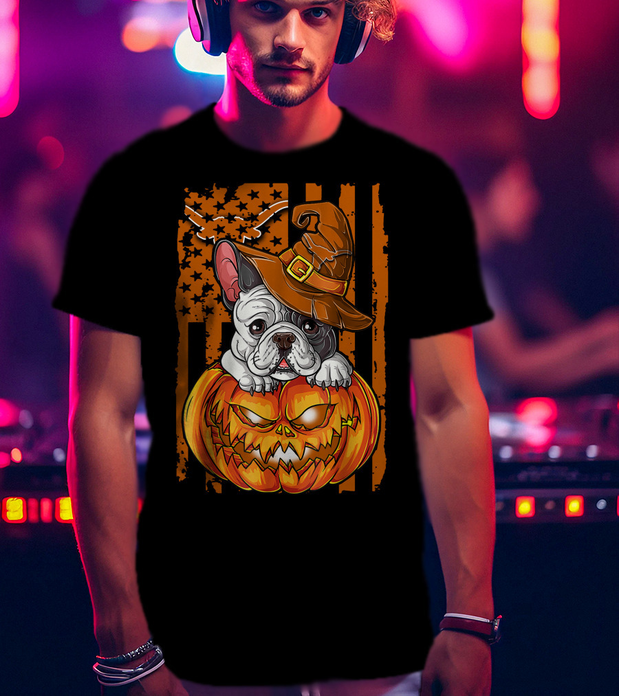 Hlw Bulldog Halloween Pumpkin Wizard Hat Stars Stripes T-Shirt