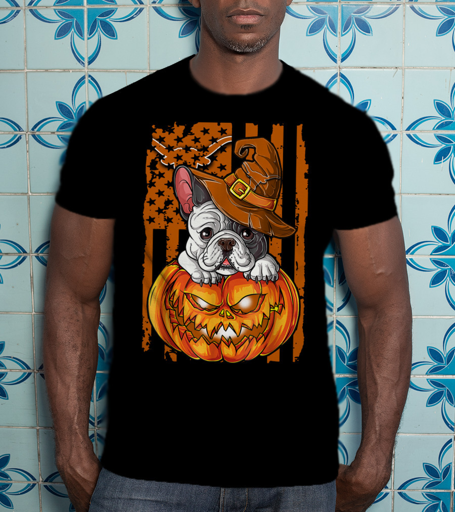 Hlw Bulldog Halloween Pumpkin Wizard Hat Stars Stripes T-Shirt