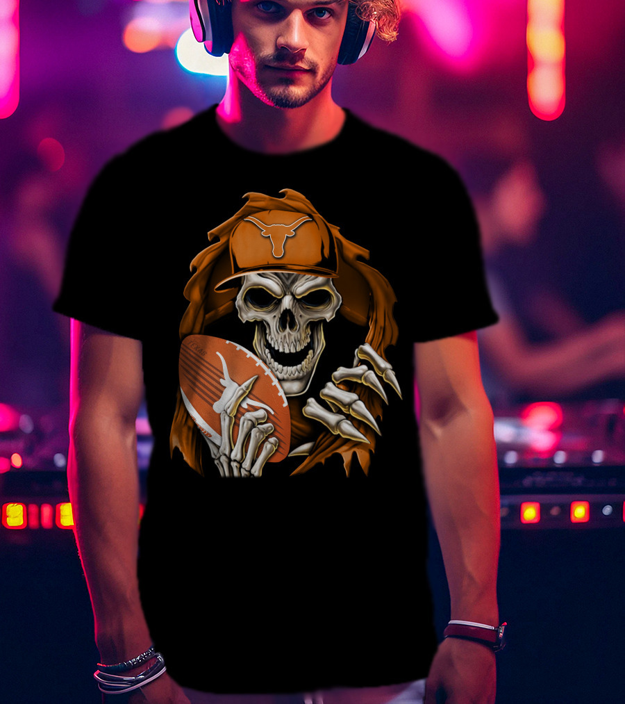 Texas Longhorns Skull With Football And Cap T-Shirt