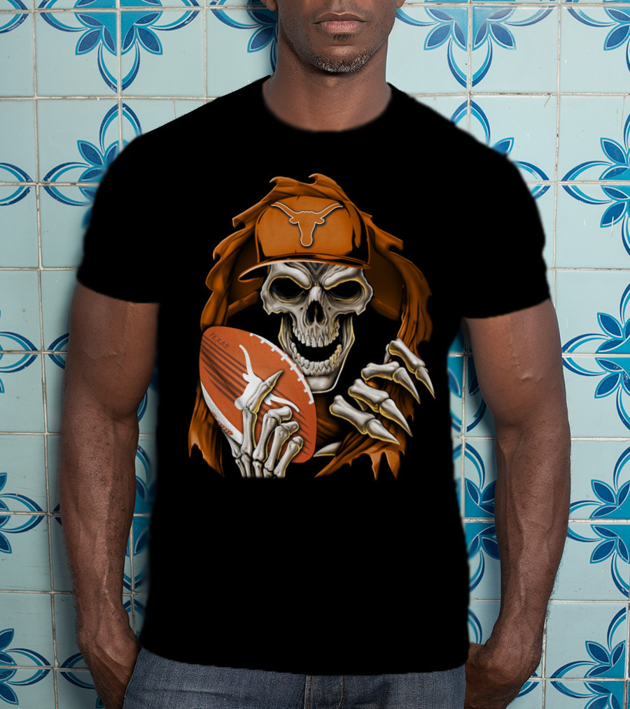 Texas Longhorns Skull With Football And Cap T-Shirt