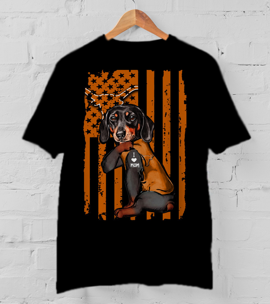Dachshund I Love Mom Texas Longhorns American Flag Stars Stripes T-Shirt