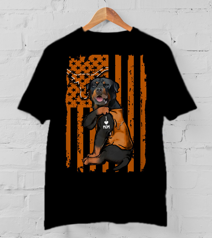 Rottweiler I Love Mom Texas Longhorns American Flag Stripes T-Shirt