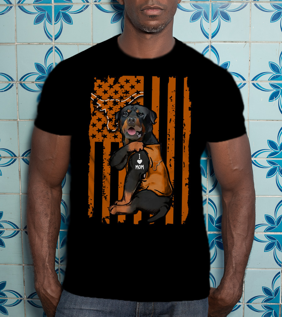 Rottweiler I Love Mom Texas Longhorns American Flag Stripes T-Shirt