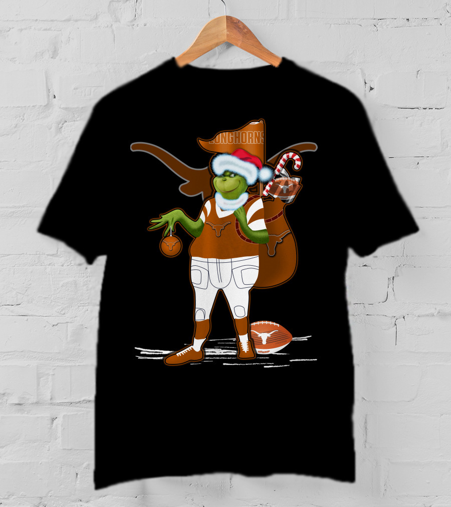 Grinchxmas Longhorns Santa Hat Football Candy Cane T-Shirt
