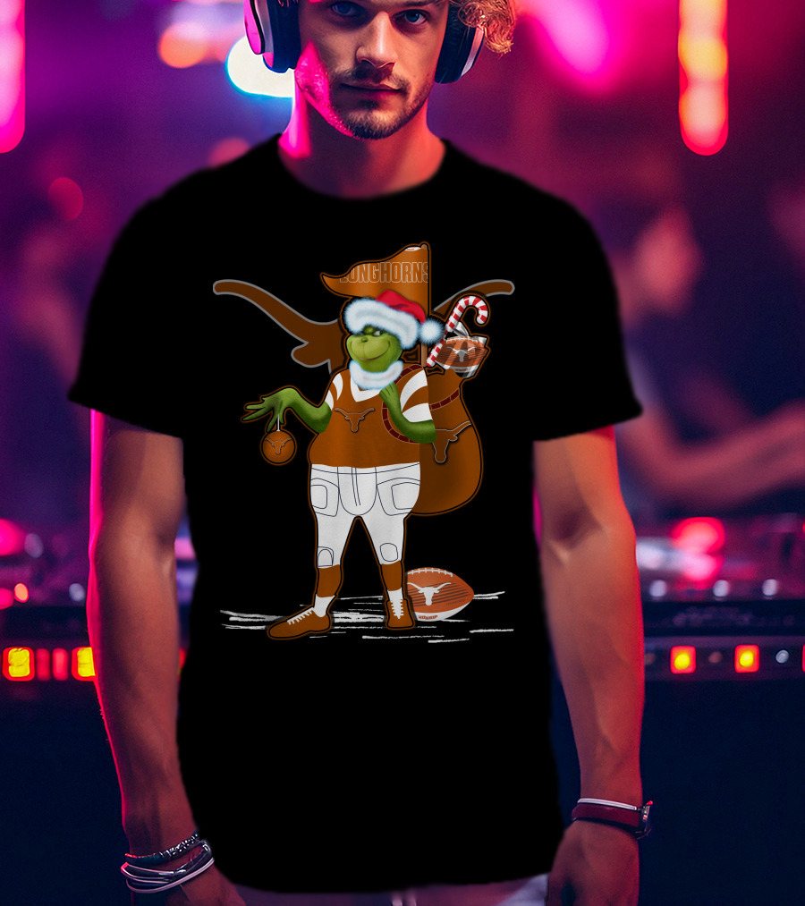Grinchxmas Longhorns Santa Hat Football Candy Cane T-Shirt