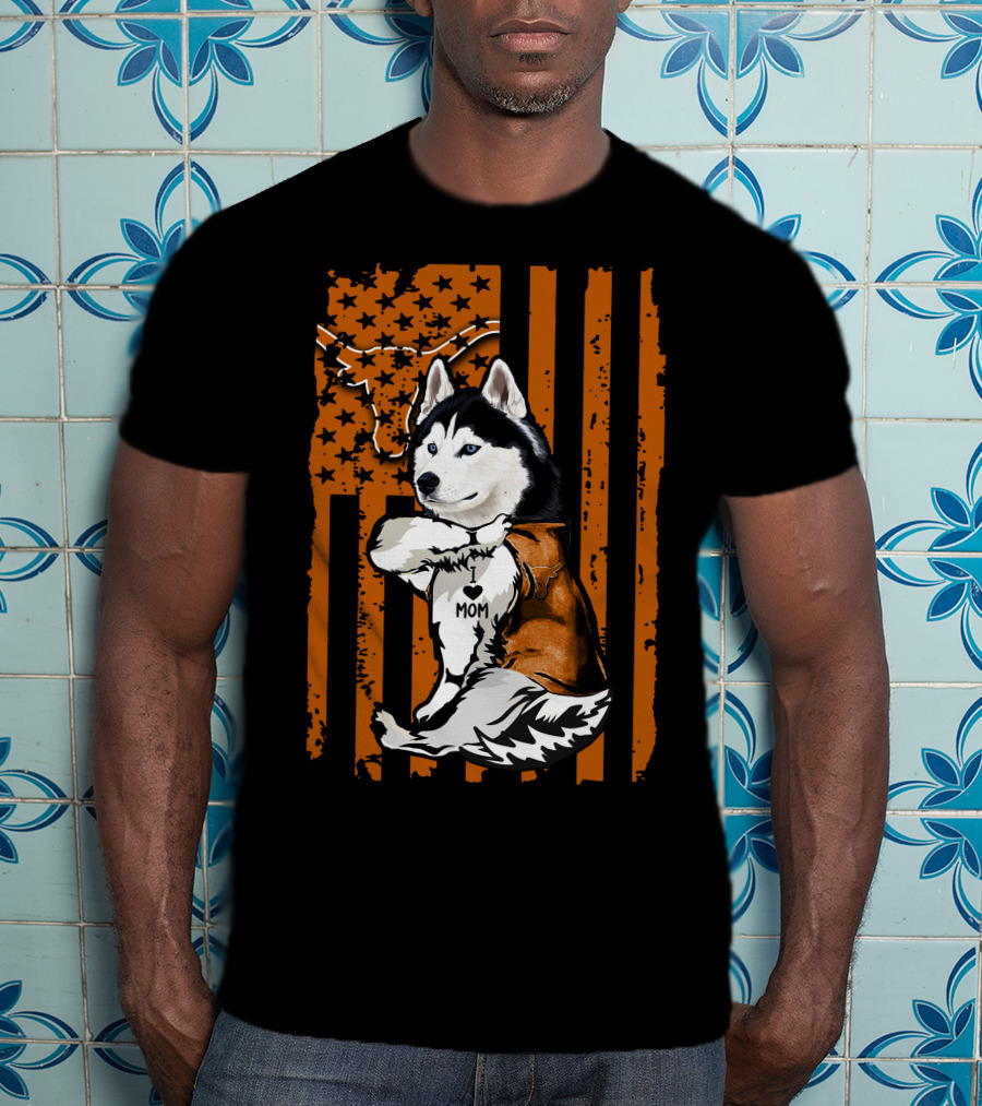Siberian Husky Mom Texas Longhorns Flag Stars T-Shirt