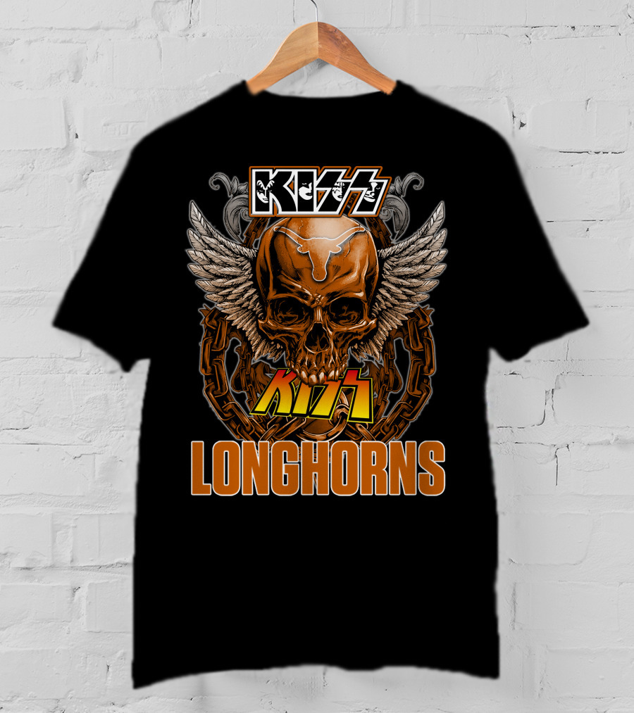 Kiss Texas Longhorns Skull With Wings And Chains T-Shirt