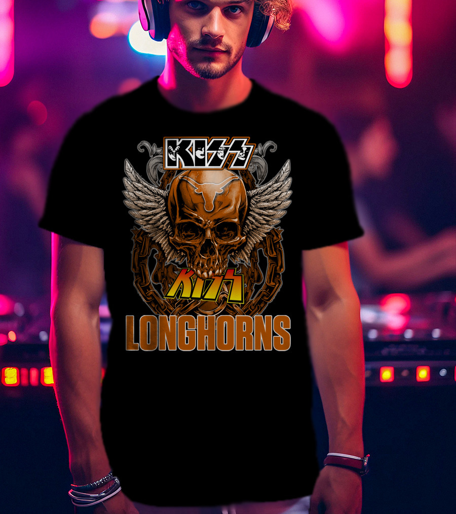 Kiss Texas Longhorns Skull With Wings And Chains T-Shirt