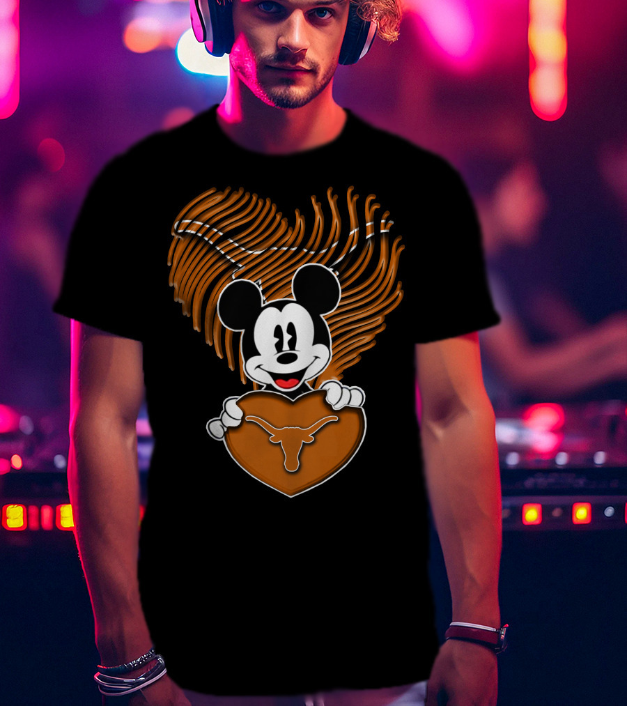 Mick Mouse And Texas Longhorns Heart T-Shirt