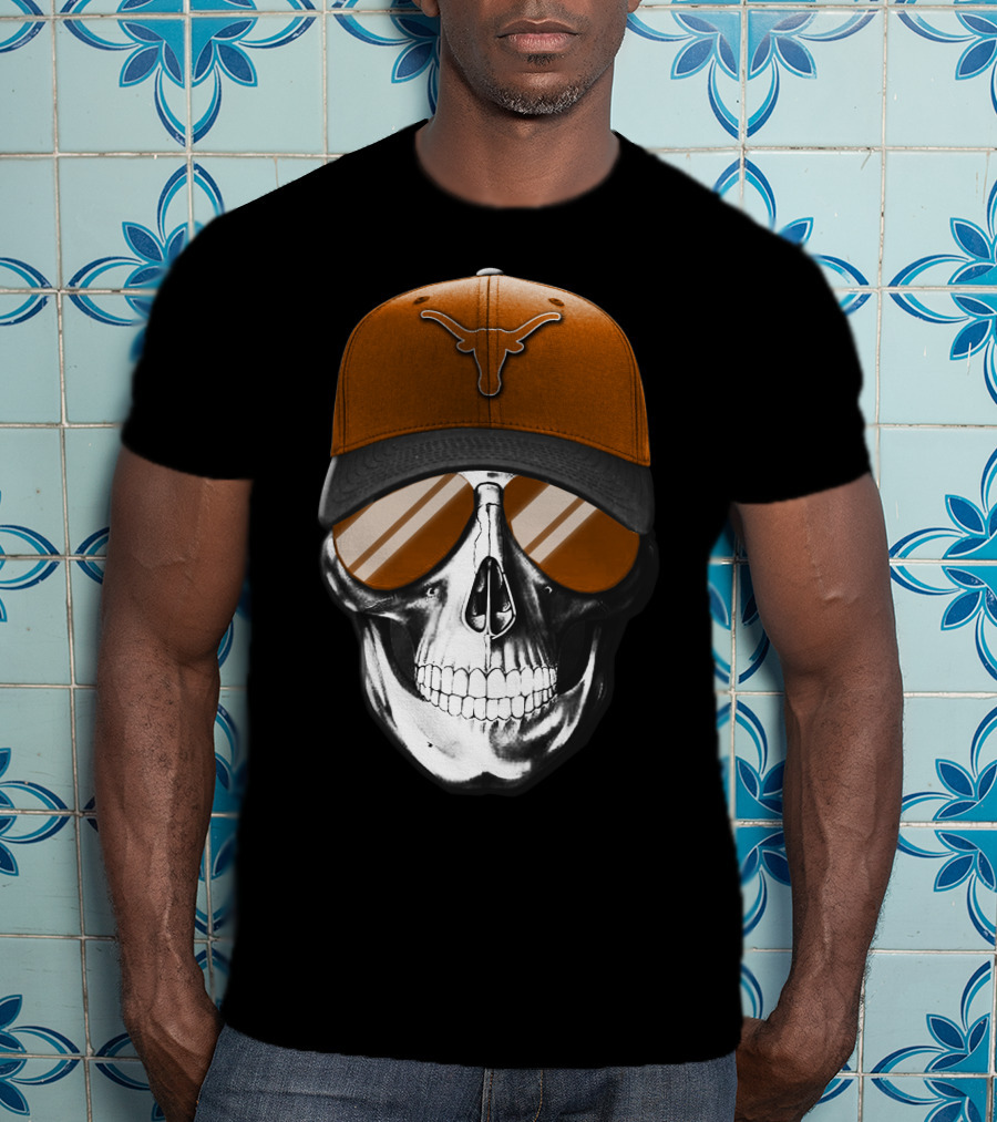 Skull With Texas Longhorns Cap And Sunglasses T-Shirt