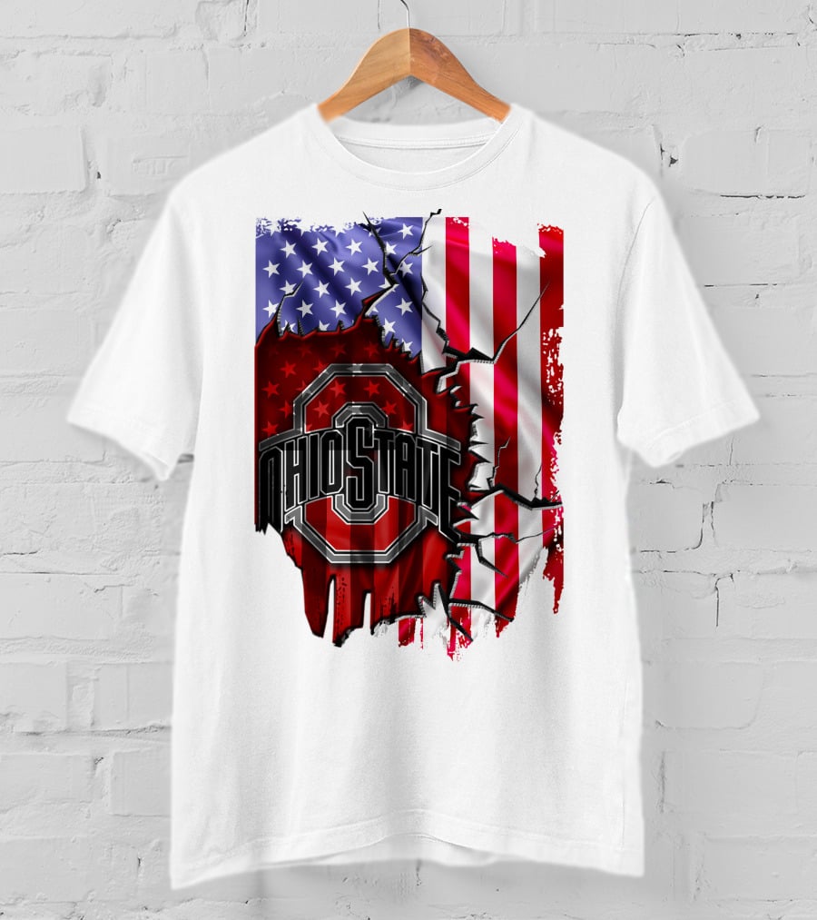 Ohio State Buckeyes Logo With Torn American Flag Background T-Shirt