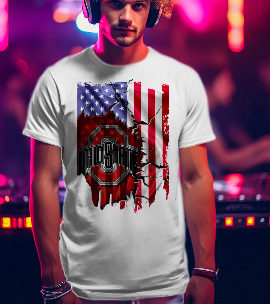 Ohio State Buckeyes Logo With Torn American Flag Background T-Shirt
