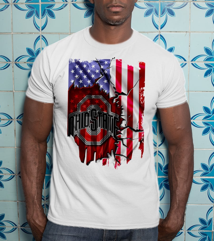 Ohio State Buckeyes Logo With Torn American Flag Background T-Shirt