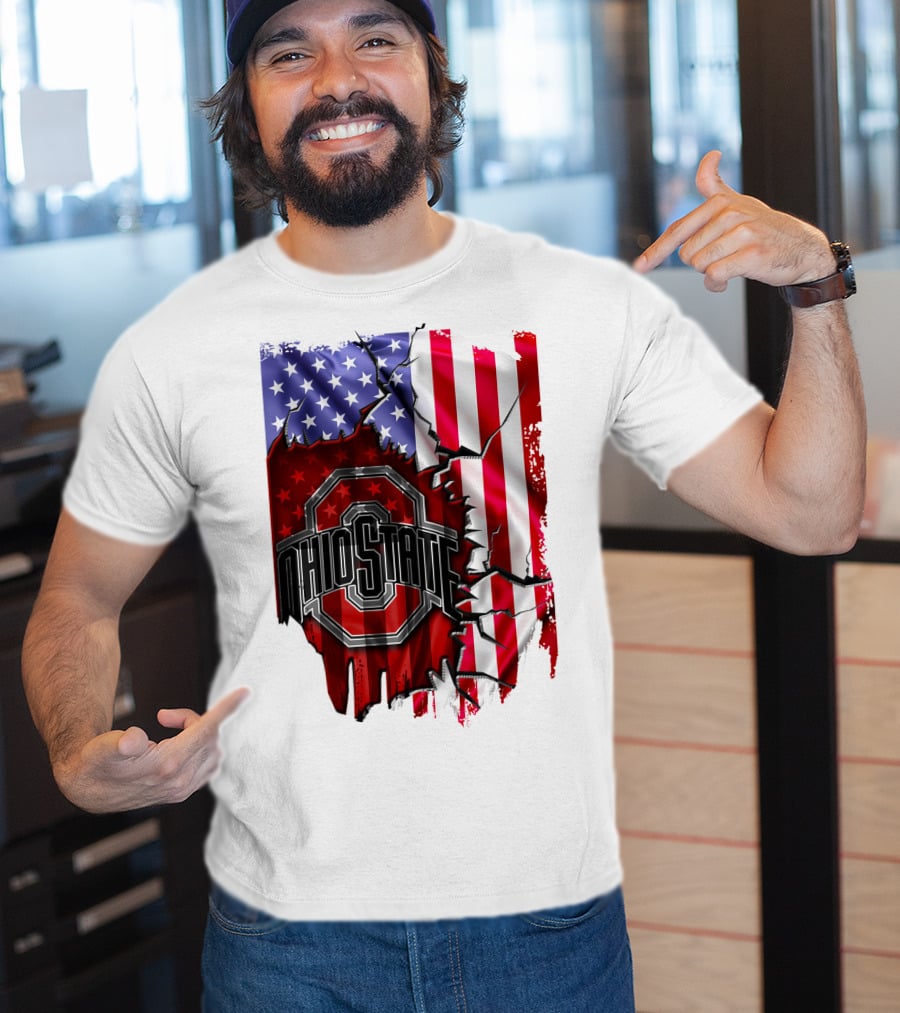 Ohio State Buckeyes Logo With Torn American Flag Background T-Shirt