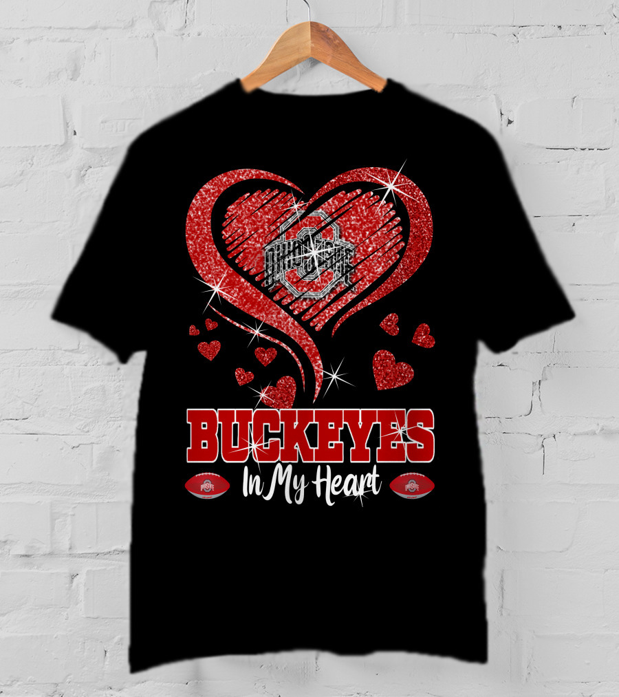 Buckeyes In My Heart Ohio State University Red Glitter Hearts Football T-Shirt