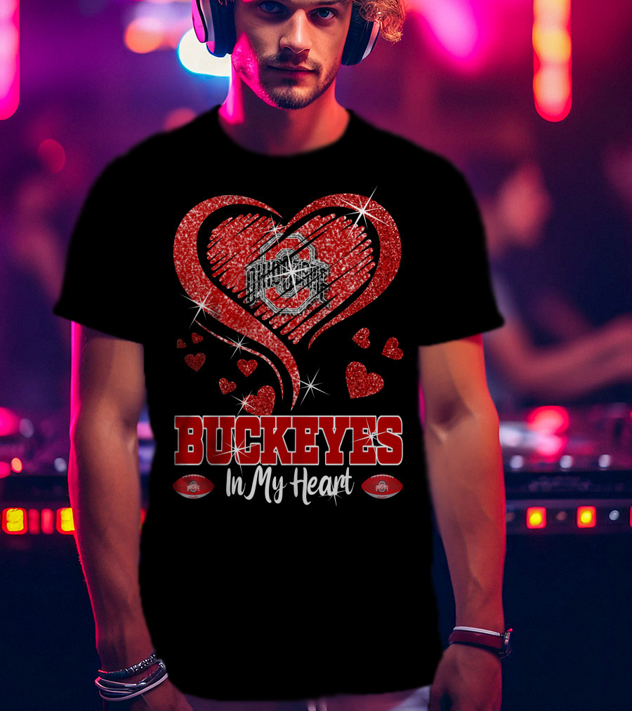 Buckeyes In My Heart Ohio State University Red Glitter Hearts Football T-Shirt