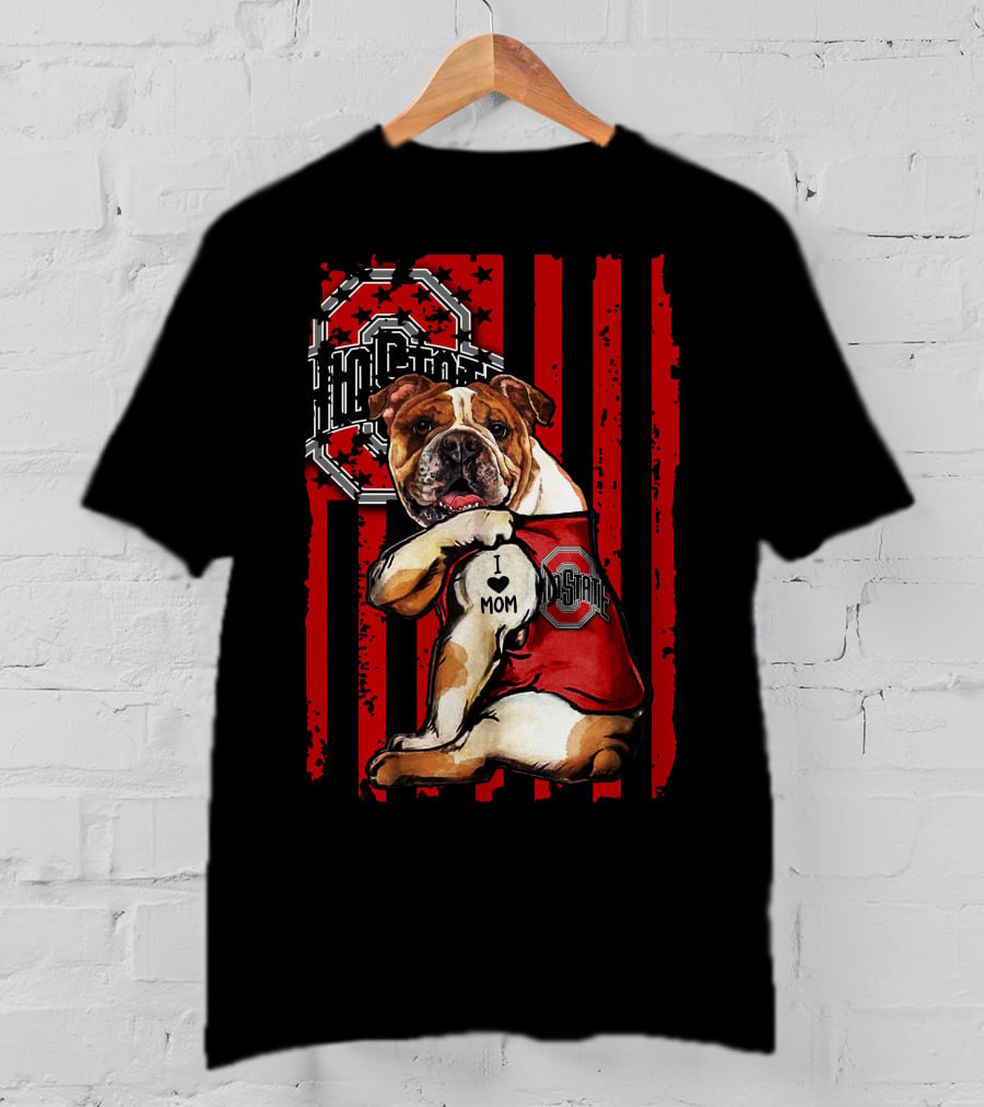 Bulldog I Love Mom Ohio State Buckeyes Vintage Red Stripes T-Shirt