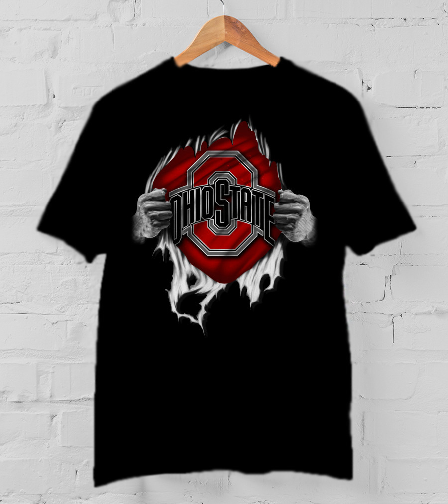 Torn Ohio State Buckeyes Logo With Hands Ripping Through Background T-Shirt