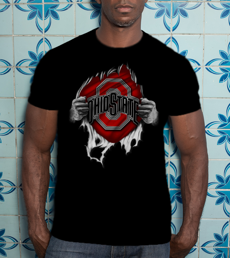 Torn Ohio State Buckeyes Logo With Hands Ripping Through Background T-Shirt