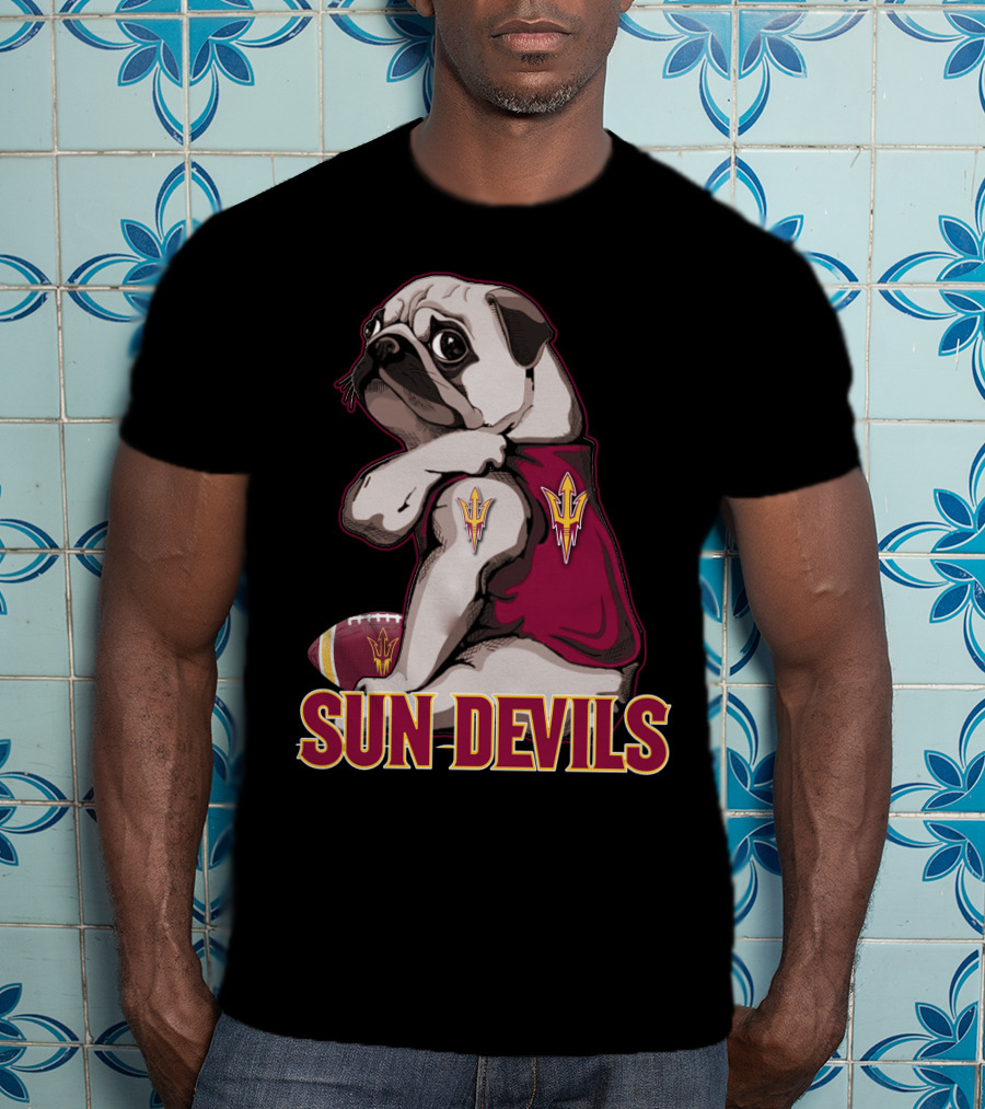 Pug With Trident In Sun Devils Football Mascot Theme T-Shirt