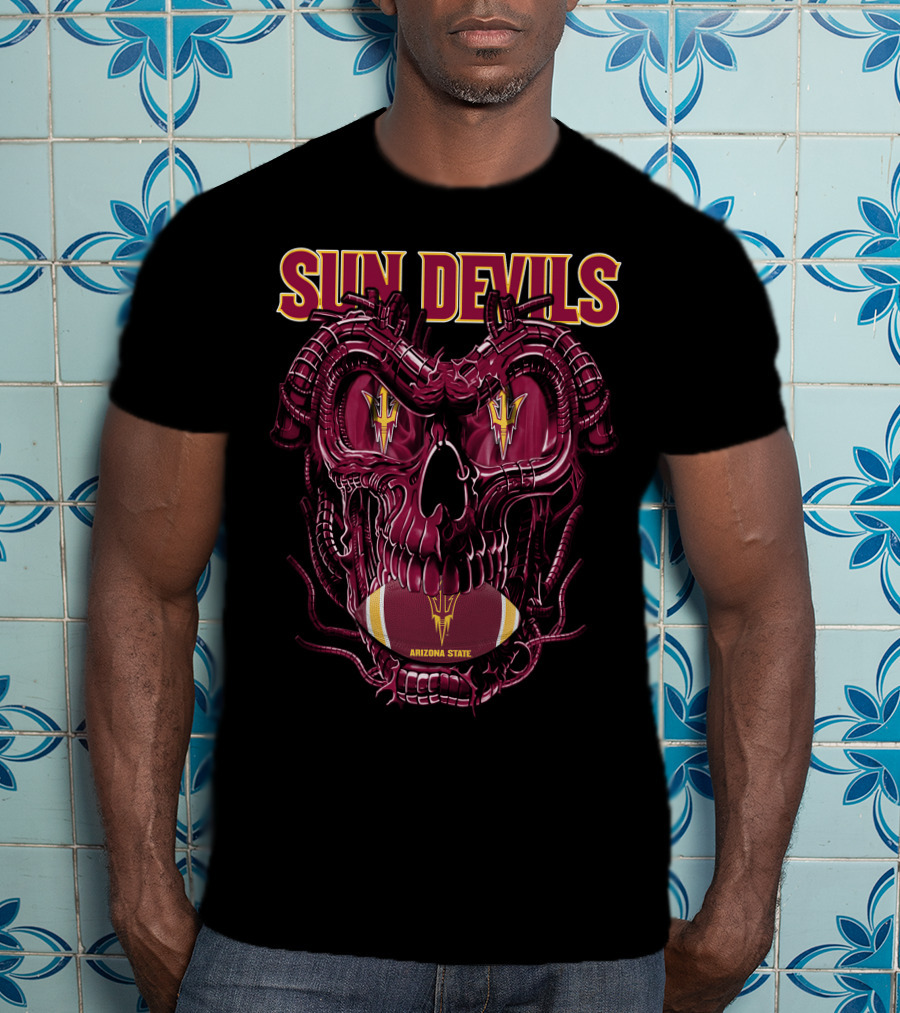 Arizona State Sun Devils Skull With Football Motif T-Shirt